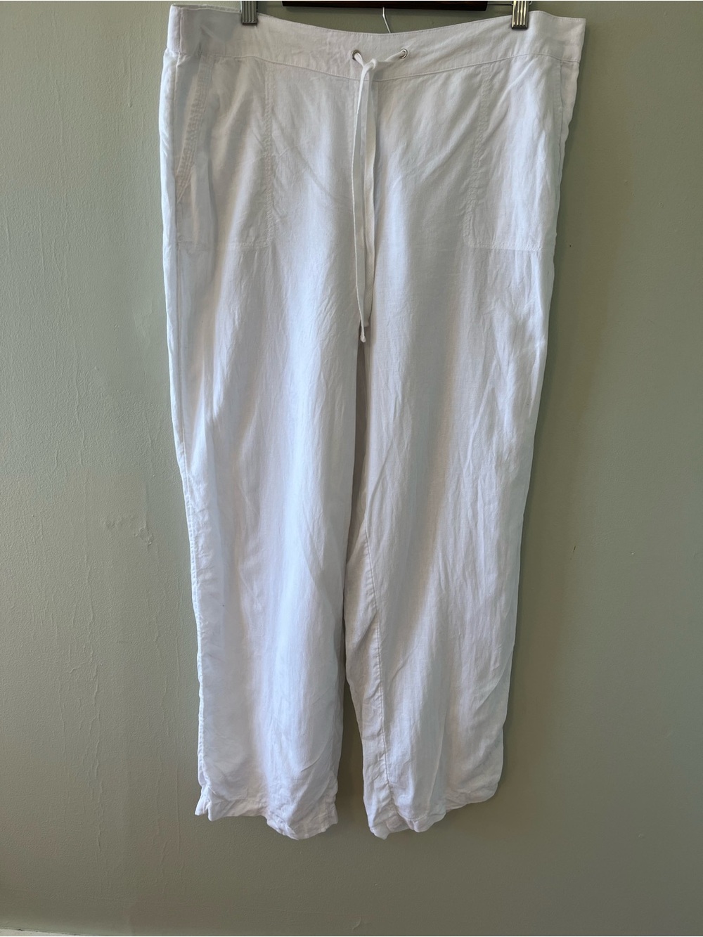 Kim Rogers White Drawstring Waist Linen-Blend Pants